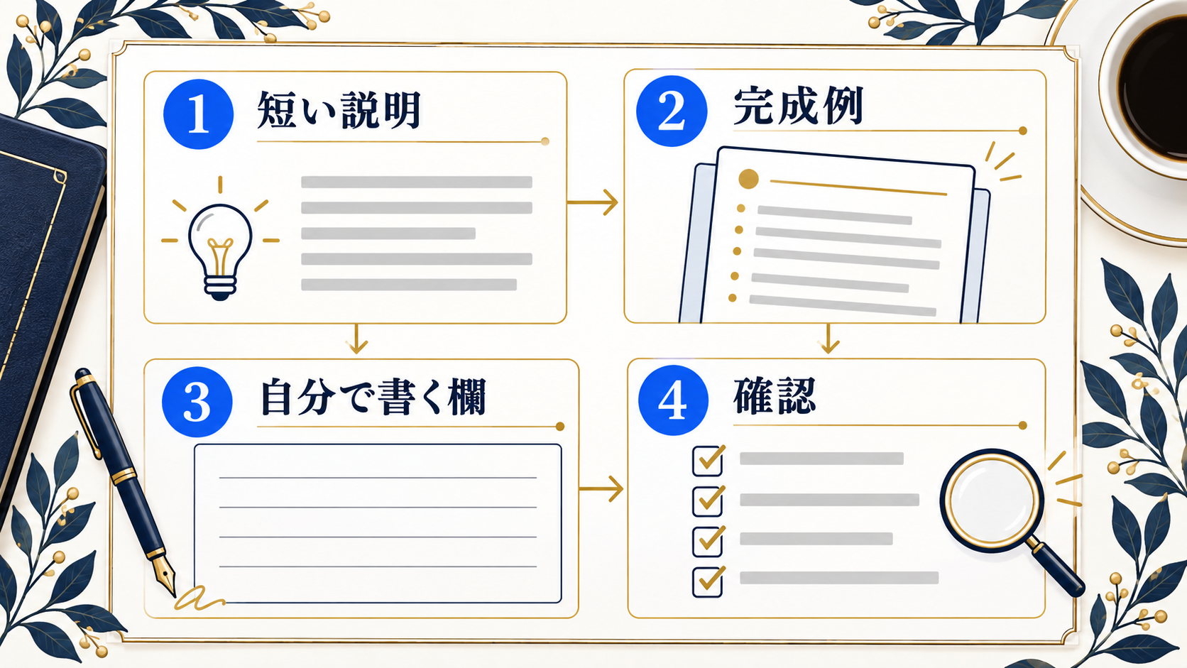 教材の一ページは、短い説明、完成例、記入欄、確認で組み立てる